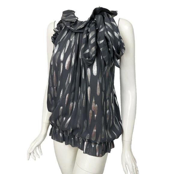 ST JOHN SoCa Charcoal Gray Silver Metallic Silk Tie Neck Sleeveless Top Small E2 - Picture 1 of 9